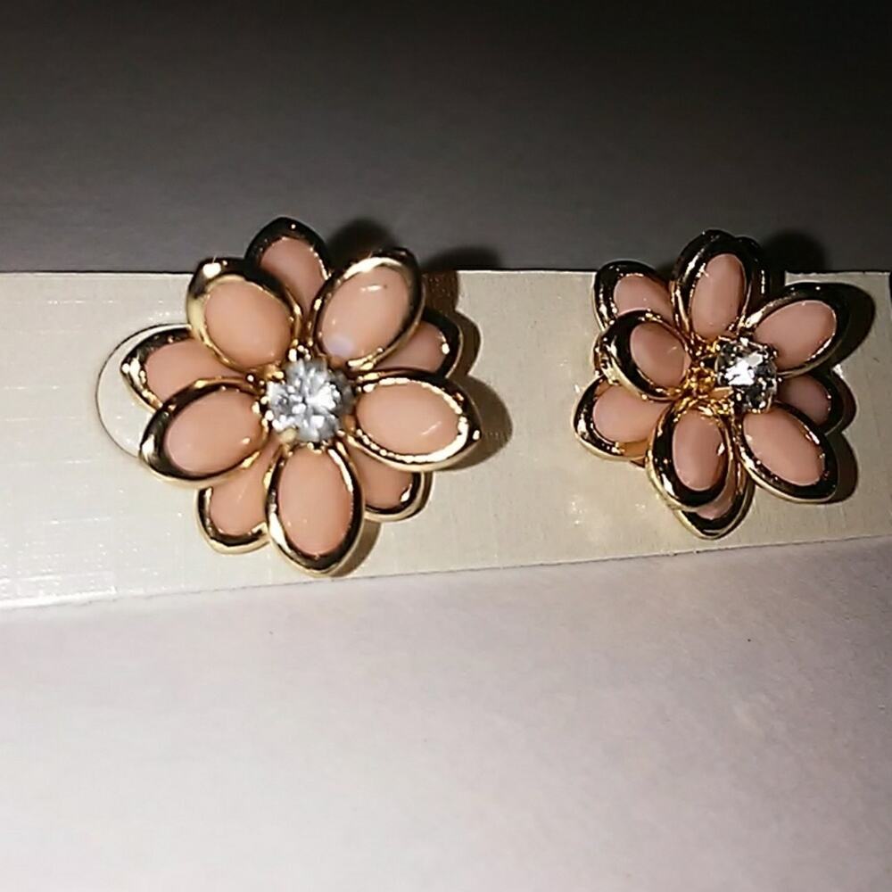 Camelia Flower Blossom Earrings Peach color Simulated Diamonds Fairygoth Wedding